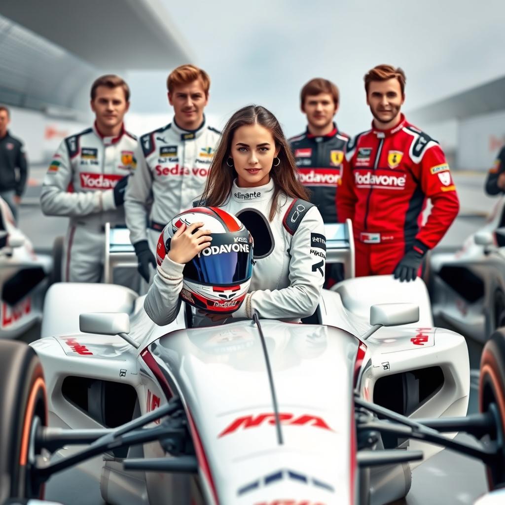 A dynamic scene featuring four Formula 1 drivers, three male and one female, all in full racing gear