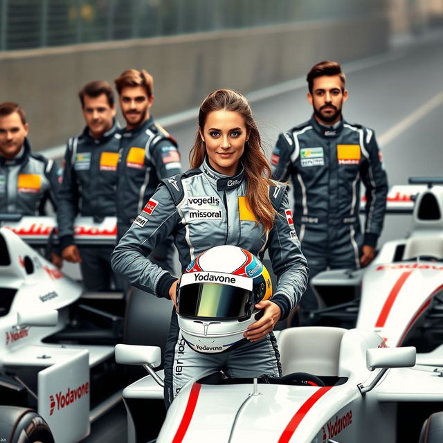 A dynamic scene featuring four Formula 1 drivers, three male and one female, all in full racing gear