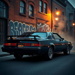 A stunning and detailed image of a classic Buick GNX car, showcasing its sleek black exterior, bold angular lines, and iconic rear spoiler