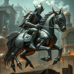 A fantastical mechanical construct with intricate metallic features, riding a majestic metal horse, where both the construct and the horse seem seamlessly fused together, showcasing an incredible blend of technology and artistry