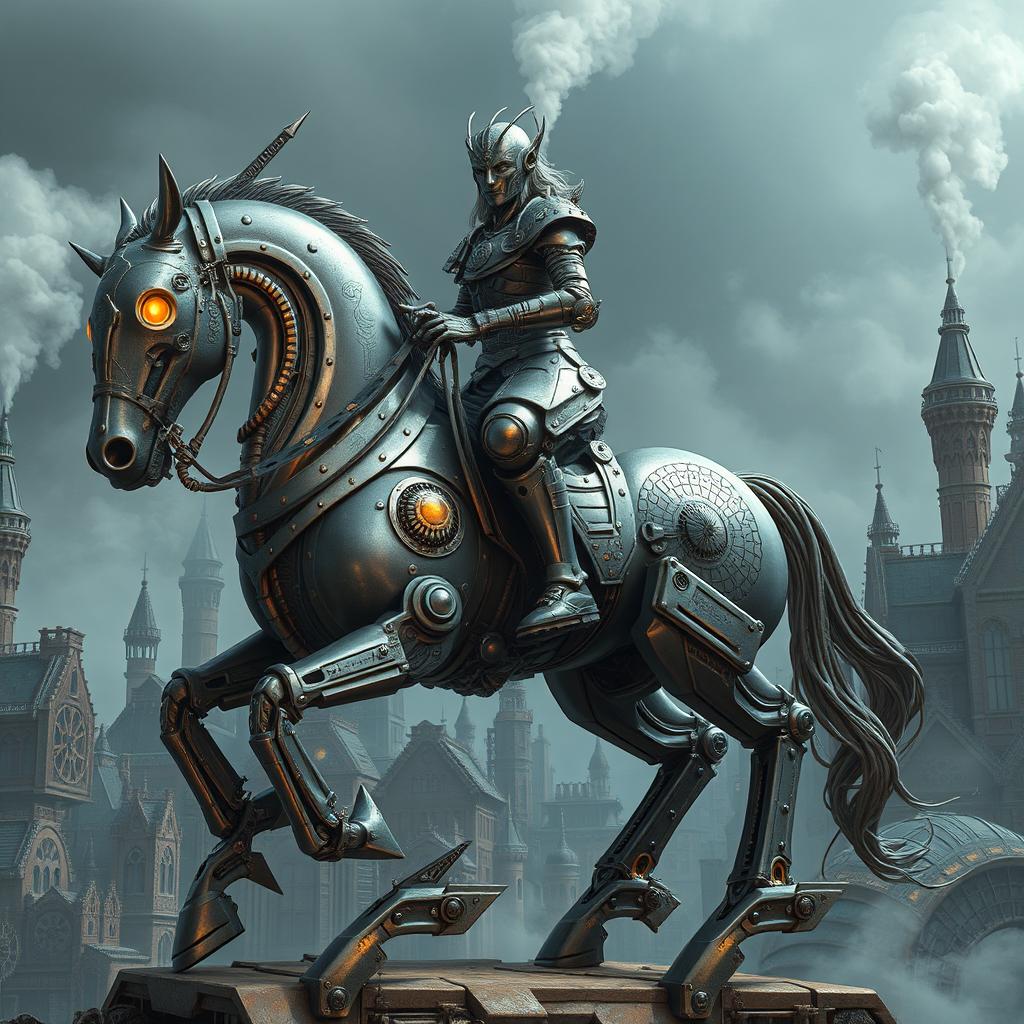 A fantastical mechanical construct with intricate metallic features, riding a majestic metal horse, where both the construct and the horse seem seamlessly fused together, showcasing an incredible blend of technology and artistry