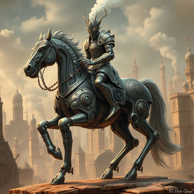 A fantastical mechanical construct with intricate metallic features, riding a majestic metal horse, where both the construct and the horse seem seamlessly fused together, showcasing an incredible blend of technology and artistry