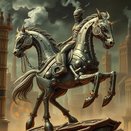 A fantastical mechanical construct with intricate metallic features, riding a majestic metal horse, where both the construct and the horse seem seamlessly fused together, showcasing an incredible blend of technology and artistry