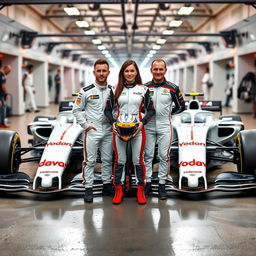 Four Formula 1 drivers, three male and one female, posing in a vibrant pit lane setting