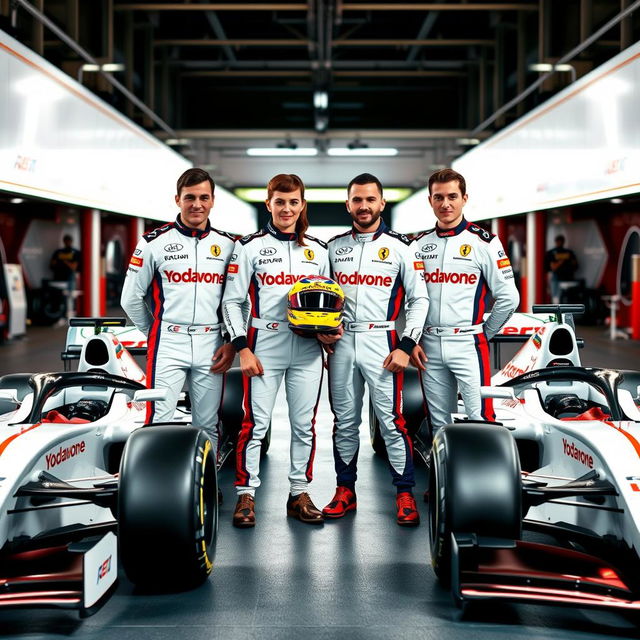 Four Formula 1 drivers, three male and one female, posing in a vibrant pit lane setting