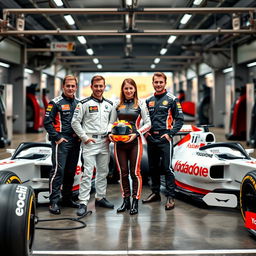 Four Formula 1 drivers, three male and one female, posing in a vibrant pit lane setting