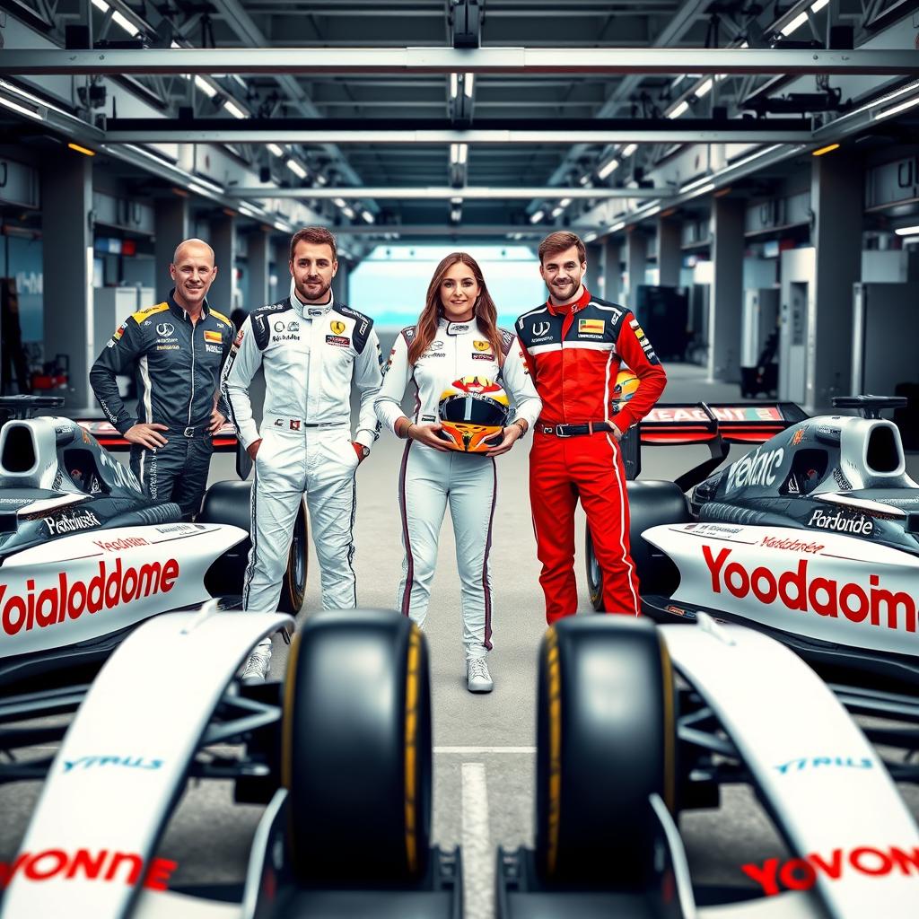 Four Formula 1 drivers, three male and one female, posing in a vibrant pit lane setting