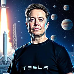 A futuristic portrait of Elon Musk, surrounded by advanced technology and spacecraft
