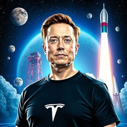 A futuristic portrait of Elon Musk, surrounded by advanced technology and spacecraft
