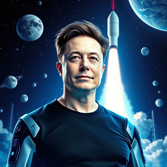 A futuristic portrait of Elon Musk, surrounded by advanced technology and spacecraft