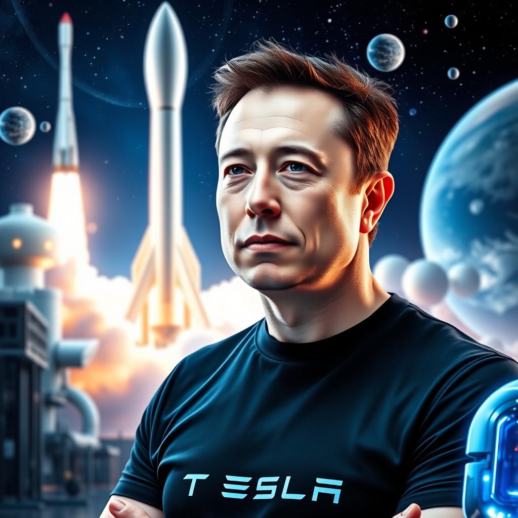 A futuristic portrait of Elon Musk, surrounded by advanced technology and spacecraft