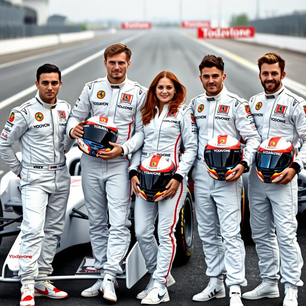 Four formula one drivers, three male and one female, proudly posing together