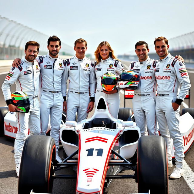 Four formula one drivers, three male and one female, proudly posing together