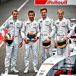 Four formula one drivers, three male and one female, proudly posing together