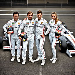 Four formula one drivers, three male and one female, proudly posing together