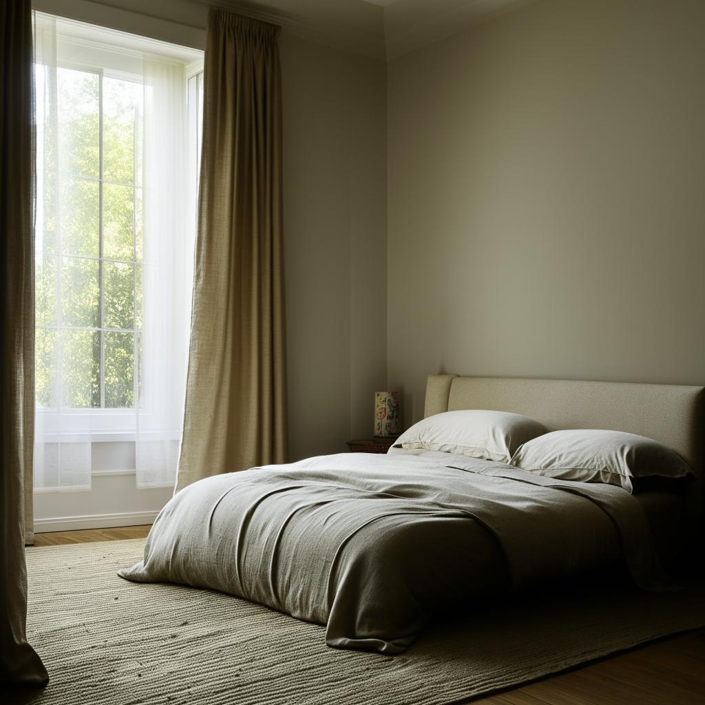 A chic bedroom with a bed lying right on the floor, neatly made with cozy linens, situated beneath a very small, elegantly framed window on the right, allowing a sparse stream of daylight to trickle in.