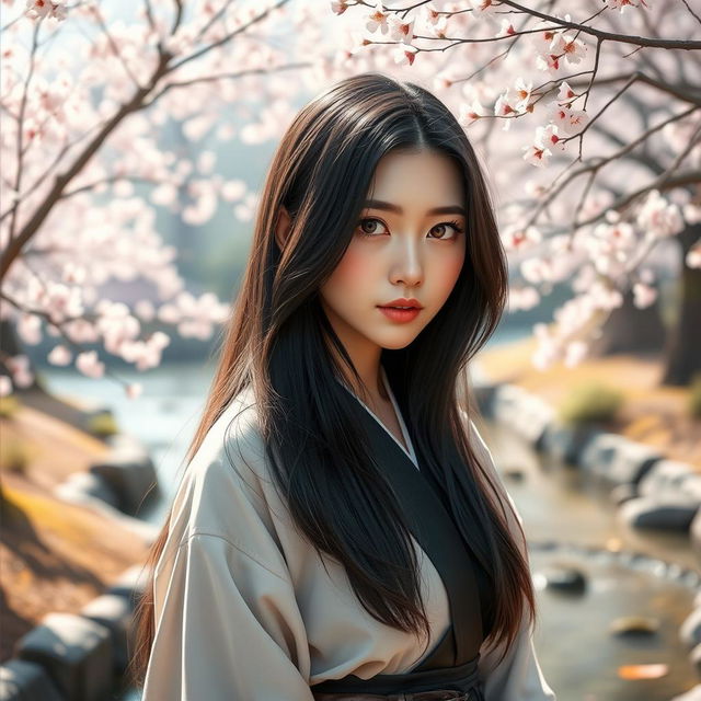 A stunning portrait of Hitomi Shue, capturing her beauty with soft lighting and an ethereal background