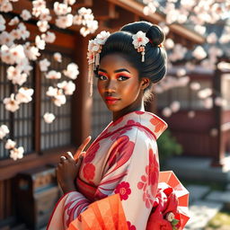 A beautiful ebony geisha in traditional attire, adorned with intricate patterns and vibrant colors