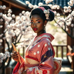 A beautiful ebony geisha in traditional attire, adorned with intricate patterns and vibrant colors