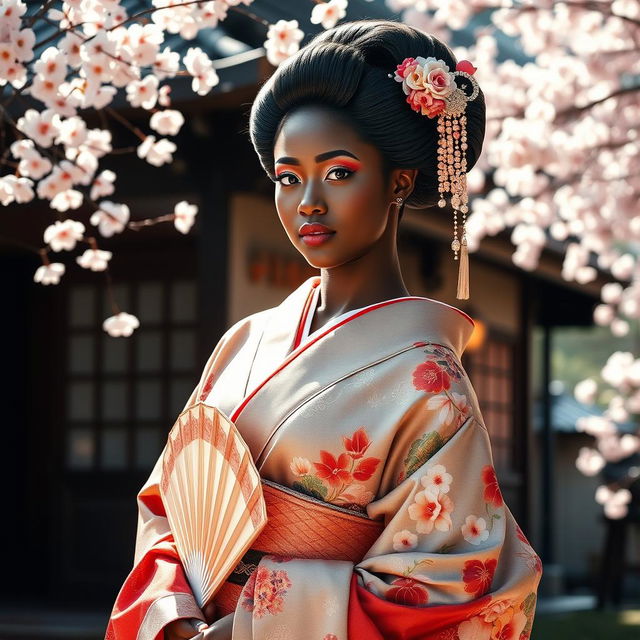 A beautiful ebony geisha in traditional attire, adorned with intricate patterns and vibrant colors