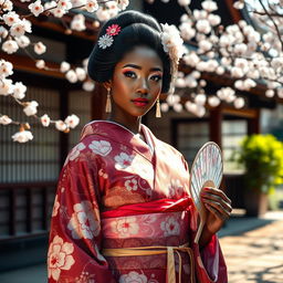 A beautiful ebony geisha in traditional attire, adorned with intricate patterns and vibrant colors