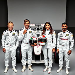 Four Formula 1 drivers, three male and one female, proudly holding their helmets
