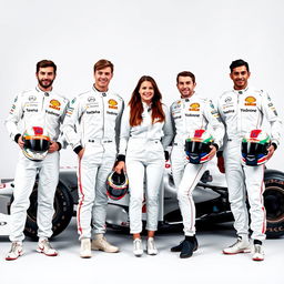 Four Formula 1 drivers, three male and one female, proudly holding their helmets
