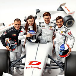 Four Formula 1 drivers, three male and one female, proudly holding their helmets