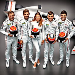 Four Formula 1 drivers, three male and one female, proudly holding their helmets