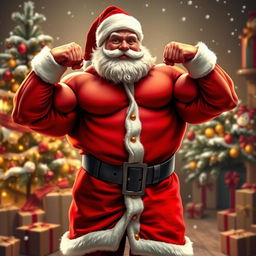 A humorous depiction of Santa Claus showcasing impressive muscle growth, standing proudly in his classic red outfit, which is slightly torn at the seams due to his muscular physique