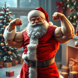 A humorous depiction of Santa Claus showcasing impressive muscle growth, standing proudly in his classic red outfit, which is slightly torn at the seams due to his muscular physique