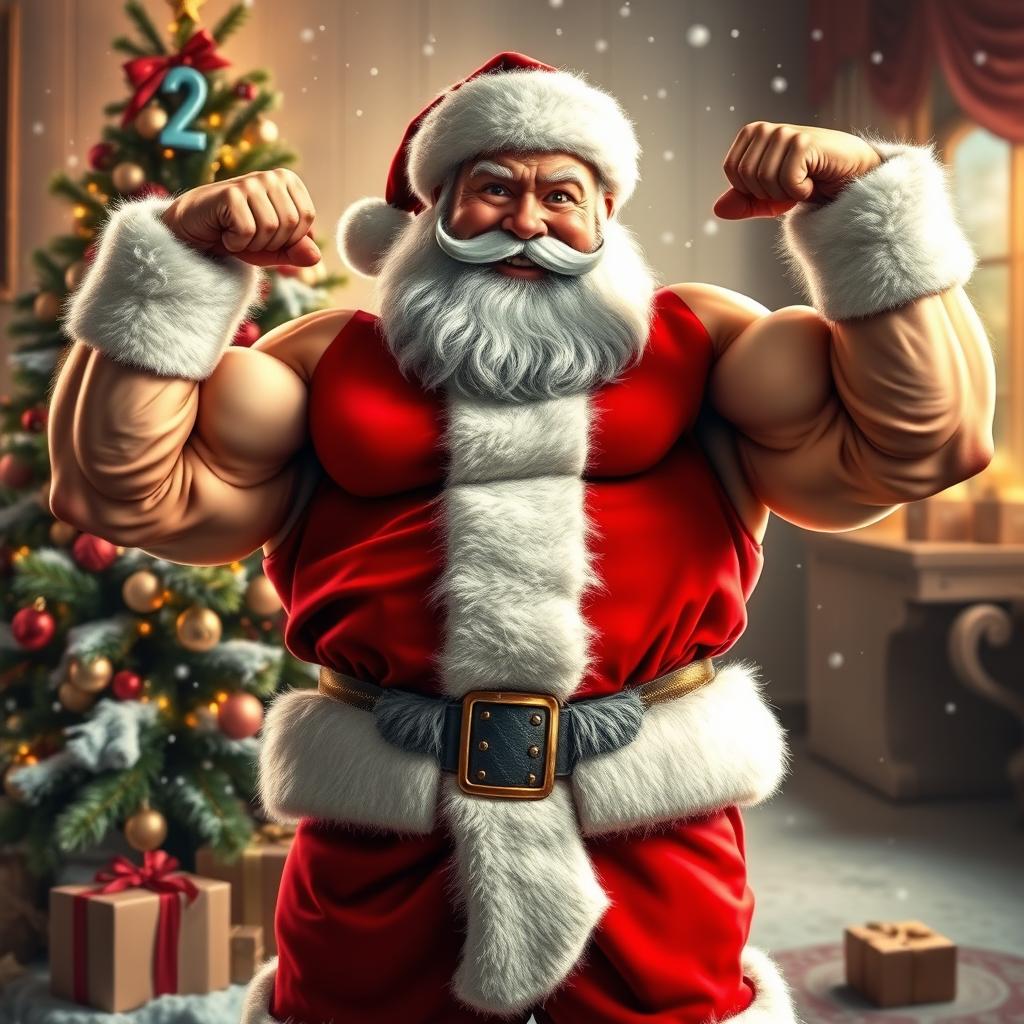 A humorous depiction of Santa Claus showcasing impressive muscle growth, standing proudly in his classic red outfit, which is slightly torn at the seams due to his muscular physique