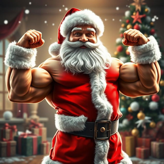 A humorous depiction of Santa Claus showcasing impressive muscle growth, standing proudly in his classic red outfit, which is slightly torn at the seams due to his muscular physique