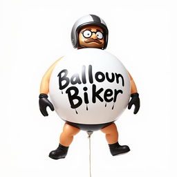 An inflated biker with a giant, round, balloon-like body, wearing a full face helmet and black underwear, with small cartoonish hands and feet