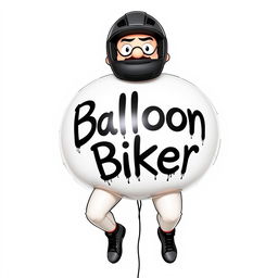 An inflated biker with a giant, round, balloon-like body, wearing a full face helmet and black underwear, with small cartoonish hands and feet