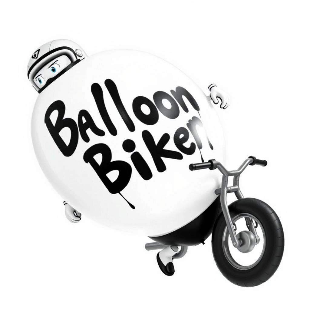 An inflated biker with a giant, round, balloon-like body, wearing a full face helmet and black underwear, with small cartoonish hands and feet