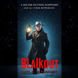 A book cover design for a science fiction suspense novel titled 'Blakout'