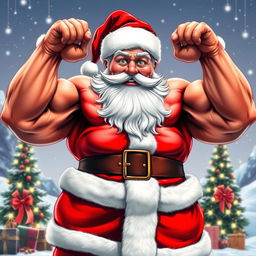 A comically exaggerated depiction of Santa Claus showcasing impressive muscle growth, with bulging biceps and a powerful physique