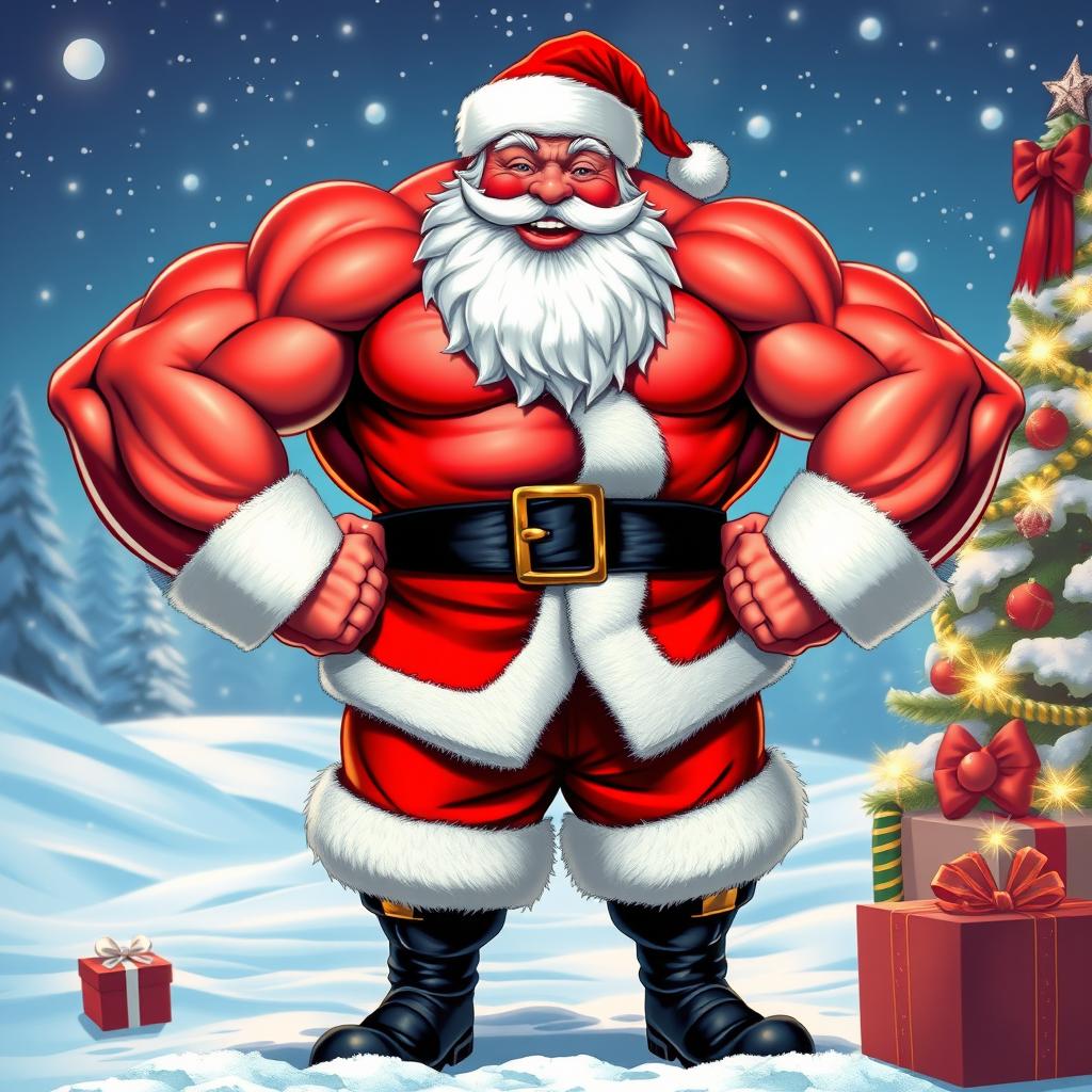 A comically exaggerated depiction of Santa Claus showcasing impressive muscle growth, with bulging biceps and a powerful physique