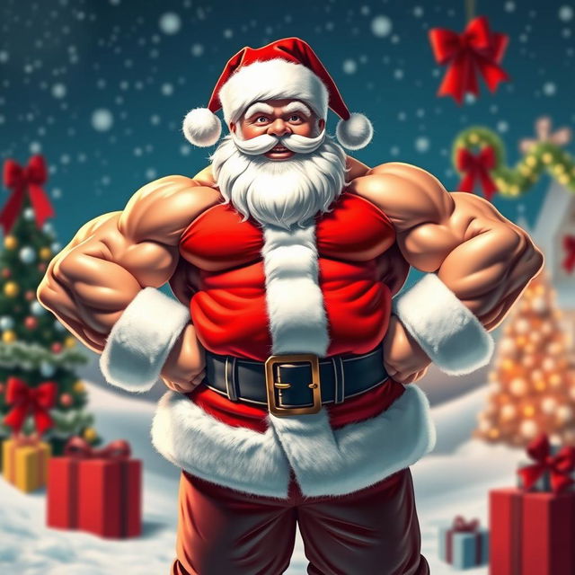 A comically exaggerated depiction of Santa Claus showcasing impressive muscle growth, with bulging biceps and a powerful physique