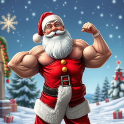 A comically exaggerated depiction of Santa Claus showcasing impressive muscle growth, with bulging biceps and a powerful physique