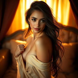 A sensual and artistic representation of a beautiful young woman slowly unveiling herself in an elegant setting, bathed in soft golden light