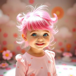 A cute girl with vibrant pink hair, styled playfully, wearing a pastel pink outfit adorned with adorable patterns