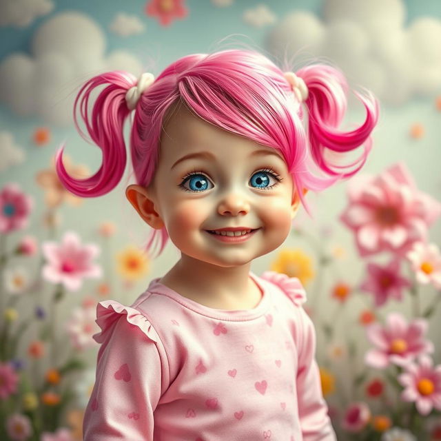 A cute girl with vibrant pink hair, styled playfully, wearing a pastel pink outfit adorned with adorable patterns