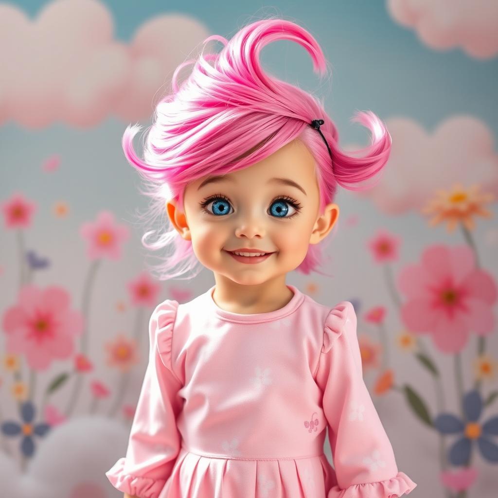 A cute girl with vibrant pink hair, styled playfully, wearing a pastel pink outfit adorned with adorable patterns