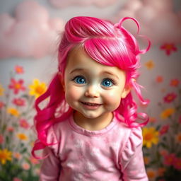 A cute girl with vibrant pink hair, styled playfully, wearing a pastel pink outfit adorned with adorable patterns