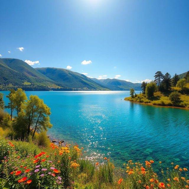 An enchanting landscape featuring a crystal-clear lake surrounded by lush, vibrant greenery, with trees and colorful wildflowers dotting the shoreline