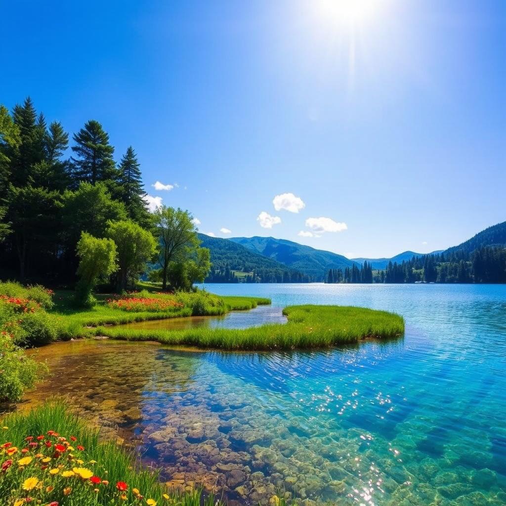 An enchanting landscape featuring a crystal-clear lake surrounded by lush, vibrant greenery, with trees and colorful wildflowers dotting the shoreline