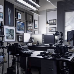 A well-organized photographer's office space filled with photography equipment, framed pictures, a massive desk with computer, and atmospheric lighting.