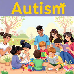 A vibrant and educational illustration depicting the concept of autism, featuring a diverse group of adults and children engaging in various activities that reflect different interests and abilities